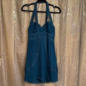Armani Exchange 100% Silk Dark Teal Halter Cocktail Mini Dress Size 8